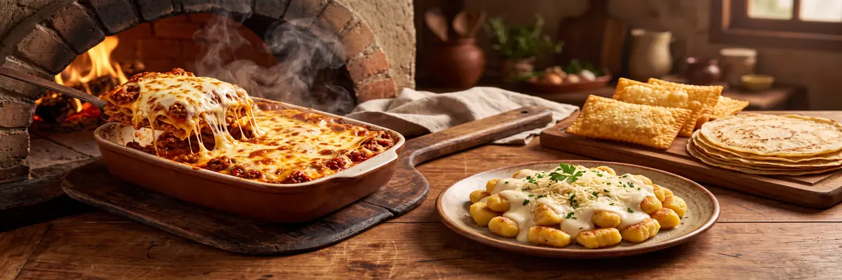 Lasanha gratinada saindo do forno a lenha, nhoque ao molho branco, massa de pastel e discos de panqueca sobre mesa de madeira